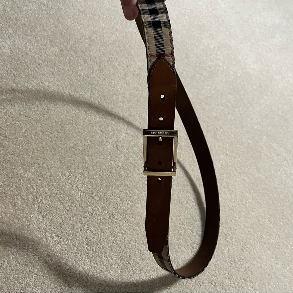 Burberry Beige Check & Brown Leather Men's Belt with Gold Buckle